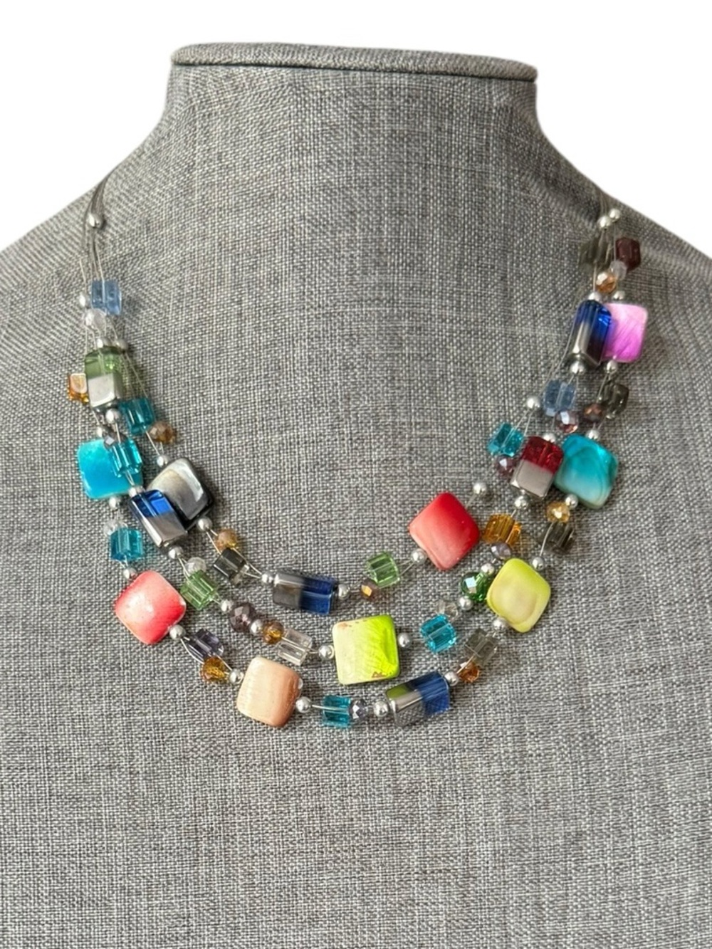 Multi-Color Multi-Strand Beaded Layered Necklace Square Block Crystals Statement